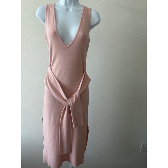 Y2K Dress M Blush Knit Bodycon Deep V Neck Sleeve Tie Waist Side Slit Night Out - Picture 2 of 16